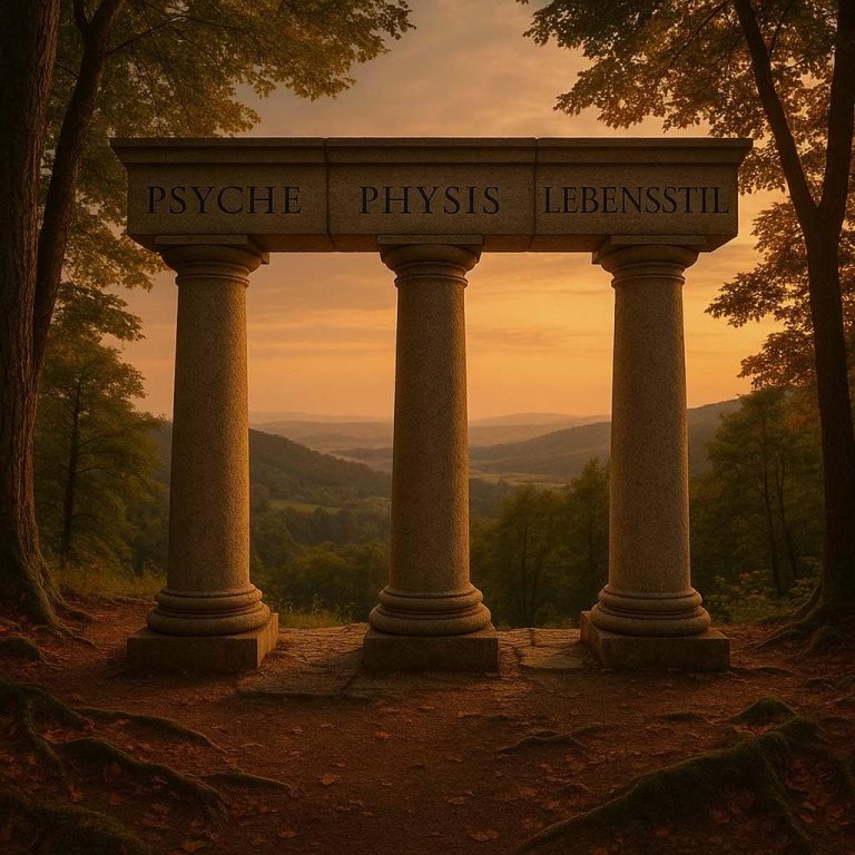 Psyche, Physis & Lebensstil - HOLERYA Konzept Drei Säulen im Wald vor einem Sonnenuntergang, beschriftet mit „Psyche“, „Physik“ und „Lebensstil“.